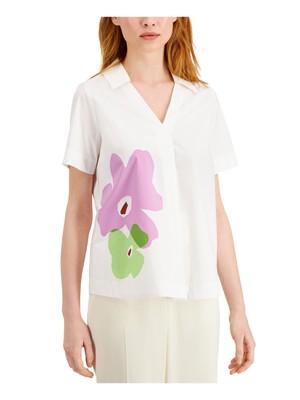 

ALFANI Женский белый топ с коротким рукавом и V-образным вырезом с цветочным принтом