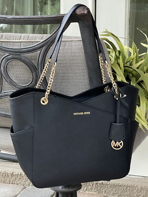 MICHAEL KORS JET SET TRAVEL LARGE X CHAIN SHOULDER TOTE BAG BLACK LEATHER GOLD