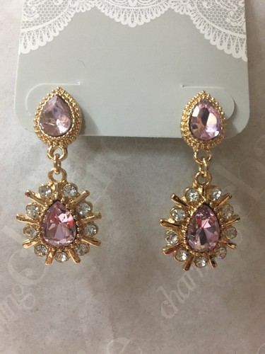 Charming Charlie RSVP Bridal Rhinestone & Pink Dangle Earrings Gold Oval