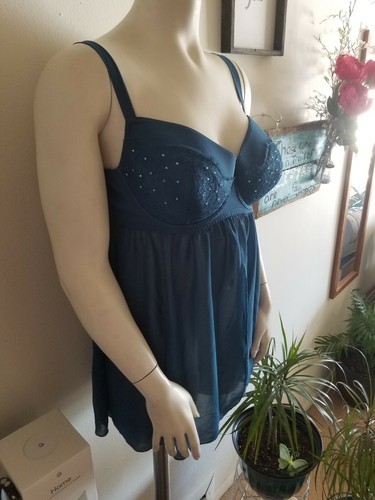 NWOT Cacique Lingerie Chiffon Babydoll Nightie Bustier Teddy Blue Sheer 40DD