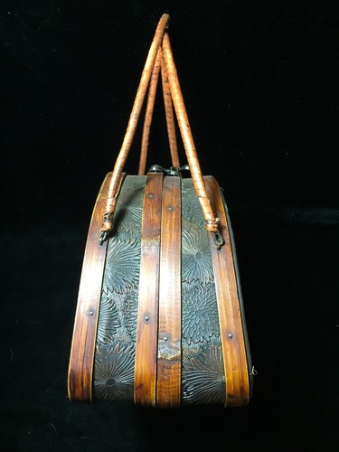 Vintage Wooden Handbag Metal Clasp Embossed Leather Exterior Wood Interior