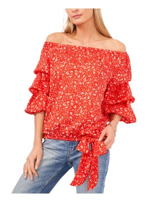 

VINCE CAMUTO Женский оранжевый топ с рюшами и эластичным галстуком с рукавами 3/4 и открытыми плечами