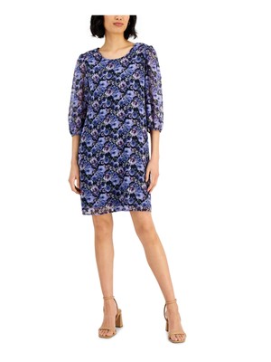 CONNECTED APPAREL Womens Blue Closure Lined 3/4 Sleeve A-Line Dress 8
