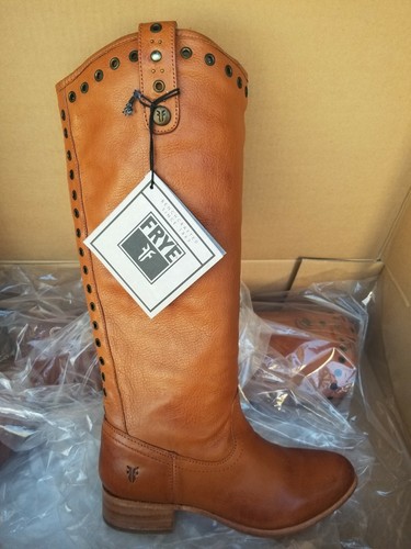 Pre-owned Frye Amelia Grommet Tall Leather Boots 77025 Cognac 6m Women Knee High In Brown