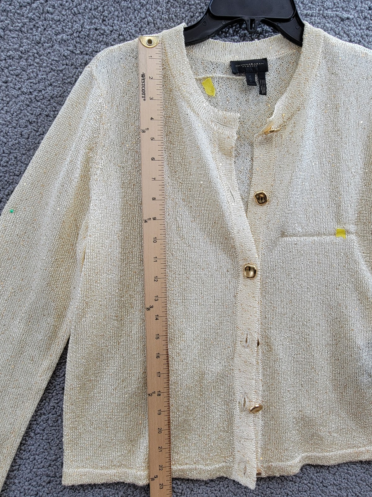 Donna Karan New York Metallic Cardigan Women's L Cream/Gold Button Front L/S - Picture 5 of 13