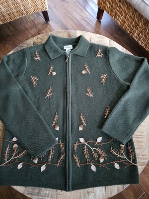 Classic Elements Embroidered Leaf Pattern Button CARDIGAN SWEATER, Size Medium 