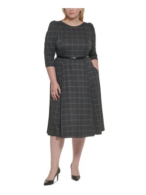 

CALVIN KLEIN Женское серое клетчатое платье с поясом и рукавами 3/4 + расклешенное платье плюс, Серый
