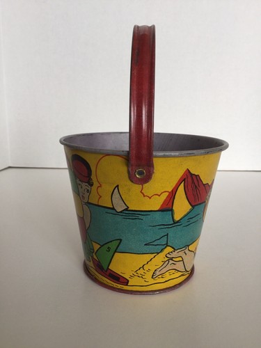 Vintage Small Tin Litho Sand Pail And Shovel With Beach Fun Theme