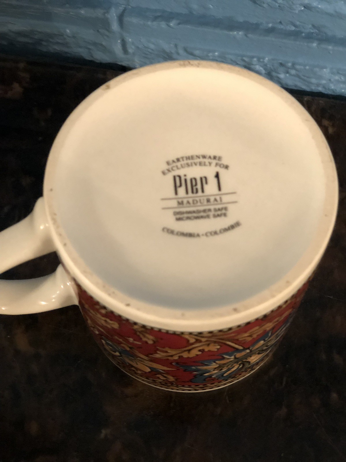 Pier 1 Coffee Mug Madurai Pattern Maroon Blue Floral Pattern