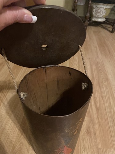 Antique English Treen Wooden String Twine Holder Box with Lid ESTATE painted