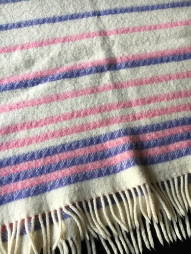 Vintage Eskimo Of Switzerland Wool Blanket Pink Purple Stripe Fringe 62 X 44