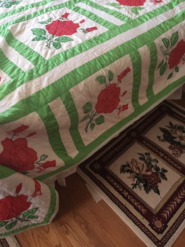 Vintage Hand Appliqued Hand Quilted red roses Quilt  84 x108 green white set