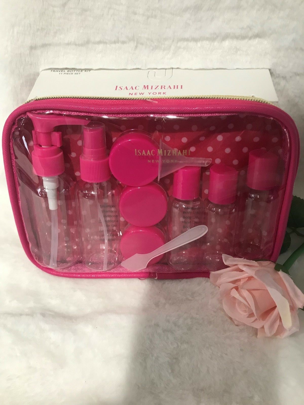 Isaac Mizrahi New York 11 piece Set TRAVEL BOTTLE KIT pink clear bag jars