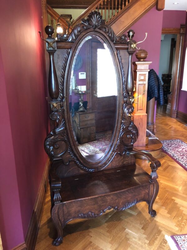 Horner Carved Oak Oval Mirror Hall Seat! Best