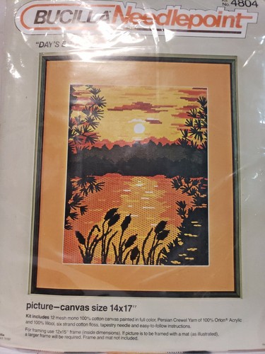 Vintage Bucilla Needlepoint Kit Day's End Embroidery Mesh 14x17 Sunset 70s 4804