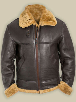 Mens RAF Brown Bomber Pilot Aviator B3 Flying Real Sheepskin Leather Jacket/