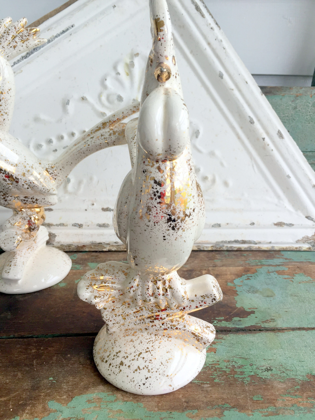 Retro Pair Mid Century Vintage White Gold Flecked Rooster/Chicken Modern