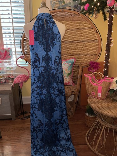 Pre-owned Lilly Pulitzer Donita Maxi Dress Navy Spotting A Pattern Size 4,16 In Multicolor