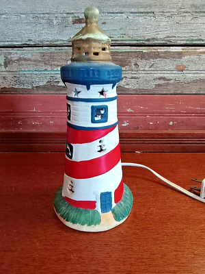 VINTAGE CERAMIC LIGHTHOUSE LAMP NIGHT LIGHT CHRISTMAS JULY 4TH STARS