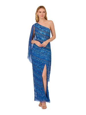 ADRIANNA PAPELL Womens Blue Draped Sleeve Lined Formal Sheath Dress 12