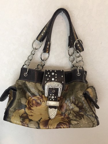 BHW Purse Floral Brown Bling Rhinestone Shoulder Bag