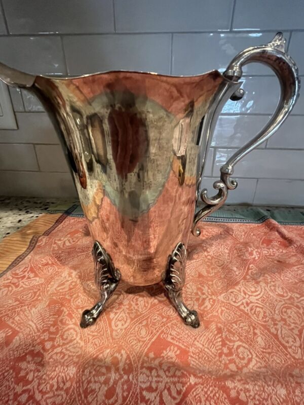 Ornate Footed Vintage/Antique Silver Plate on Copper Water Pitcher