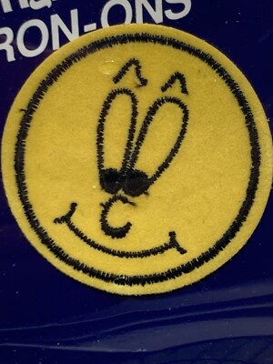 Vintage Wrights Sewing Iron-On Applique Patch Yellow Smiley Face Looking Down 3''