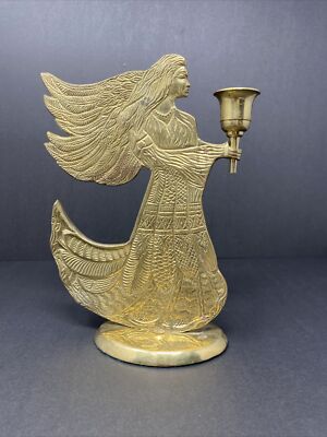 Vintage Solid Brass Angel Candle Incense Stick Holder 9  Flowing Dress Wings