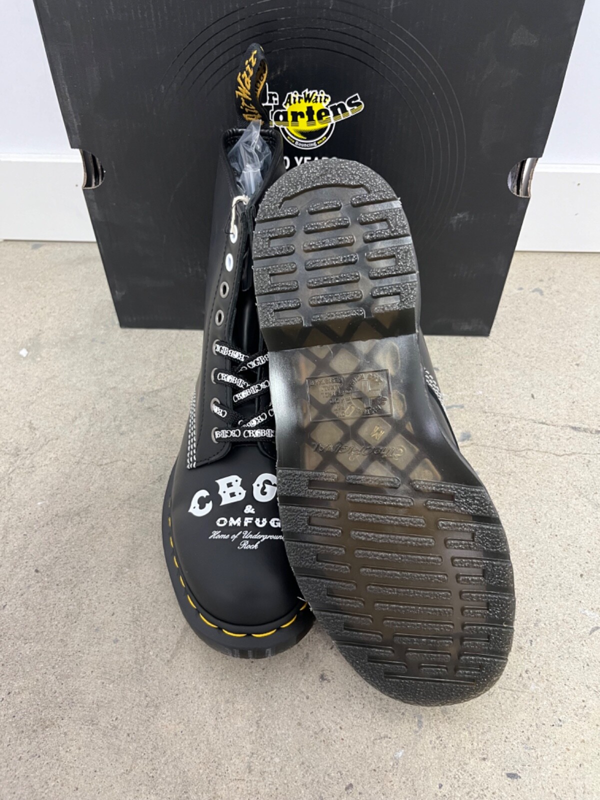 Pre-owned Dr. Martens 1460 Cbgb Printed Rolled Leather Boots Black/white All Sizes