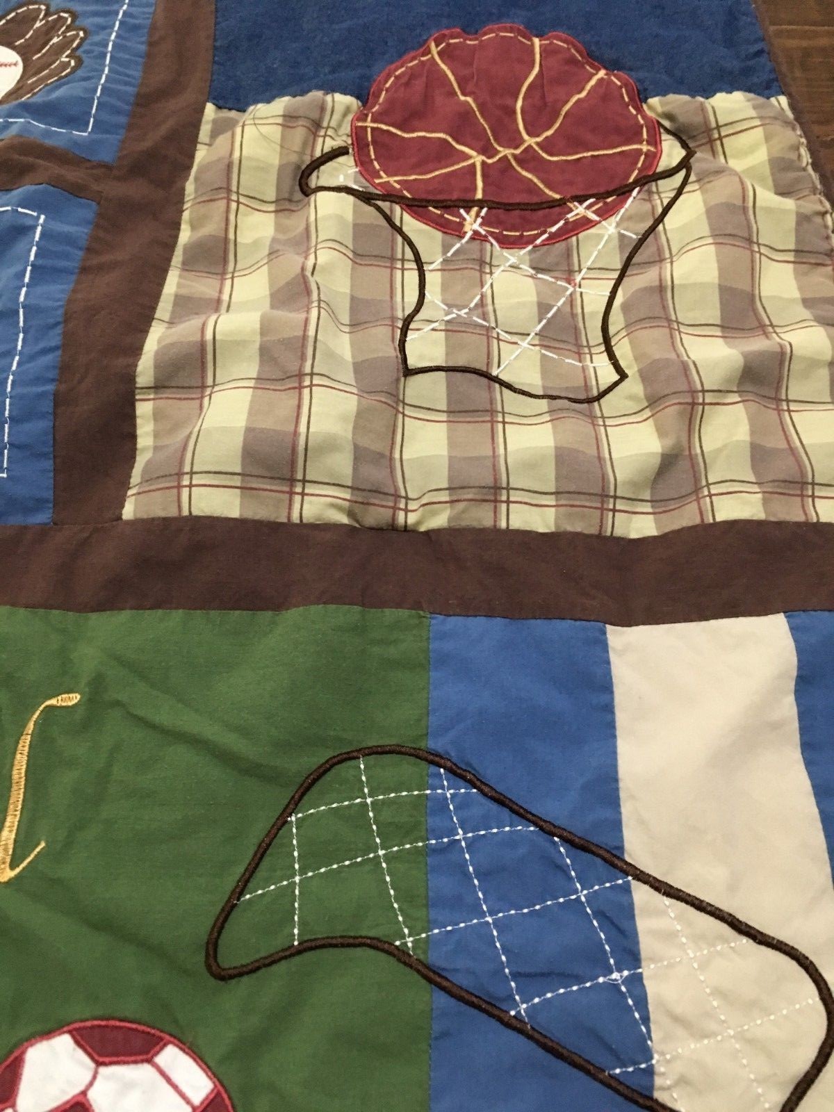 Geenny Baby Crib Blanket~Boys~Sports~Baseball~Soccer~Football~Green/Blue/Brown