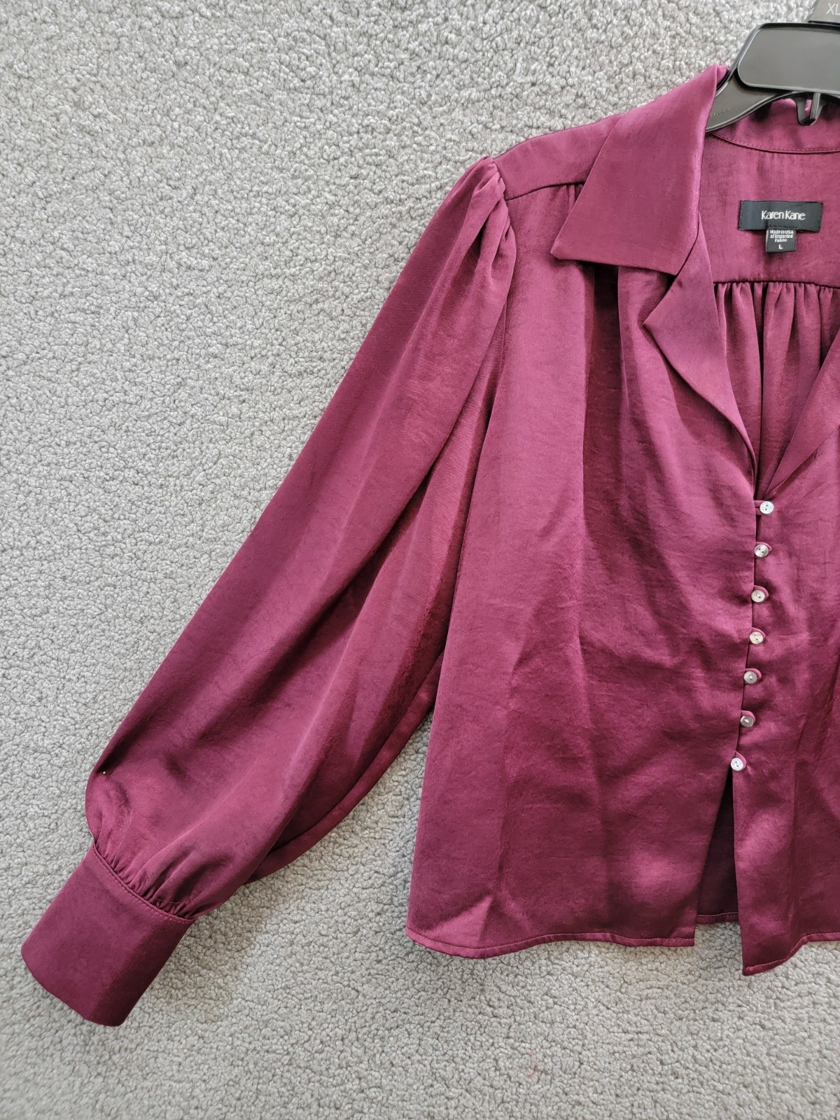 Karen Kane Shirred Blouse Women's L Wine Solid Collared Long Sleeve Button Front - Picture 5 of 16
