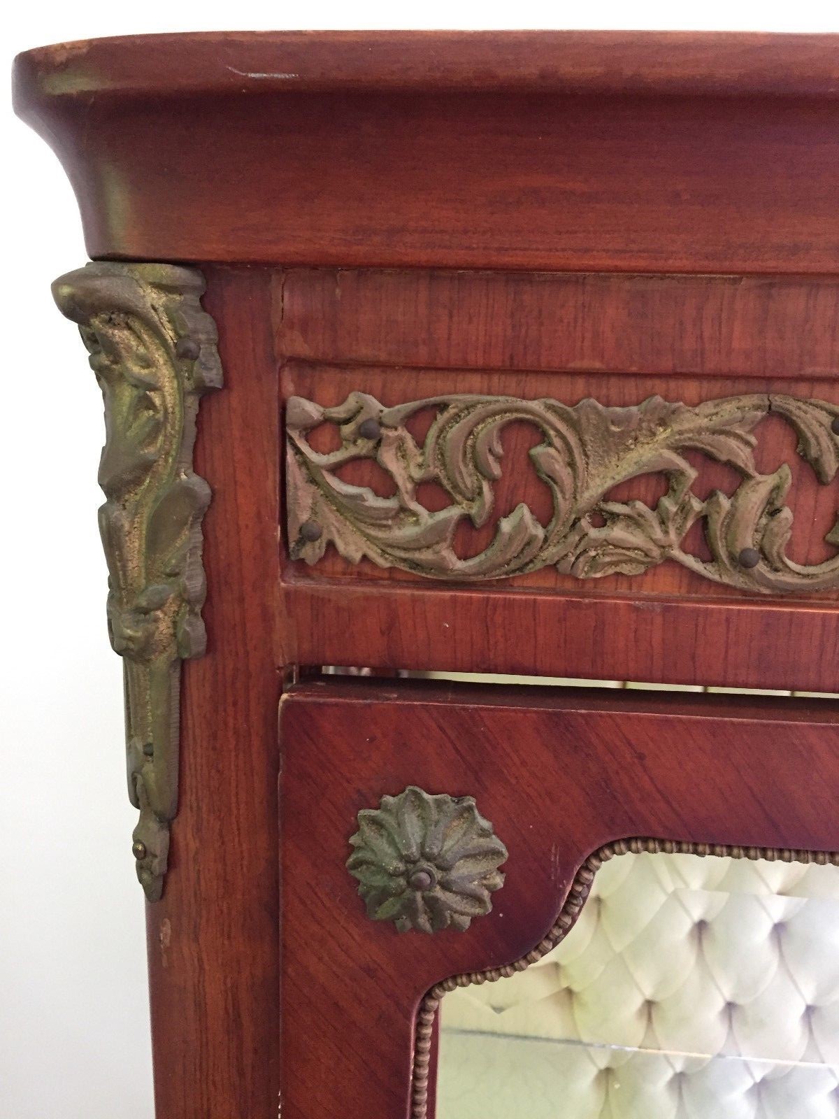 Antique Vitrine Tufted Back French Curio Cabinet