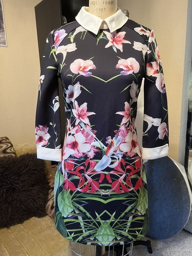 Ted Baker black Floral Mini Dress with Collar, Cuffed 3/4