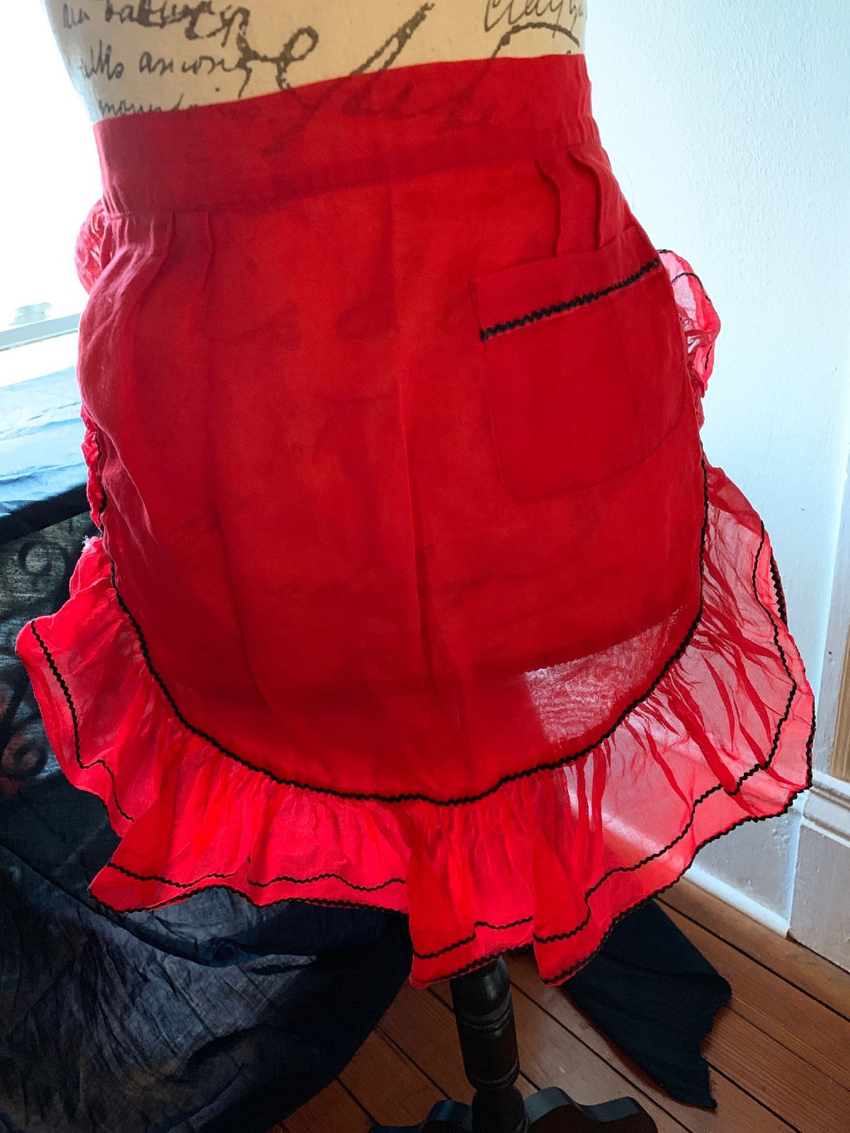 Vintage Sheer Holiday Hostess Aprons Red with Black Trim  (RickRack)