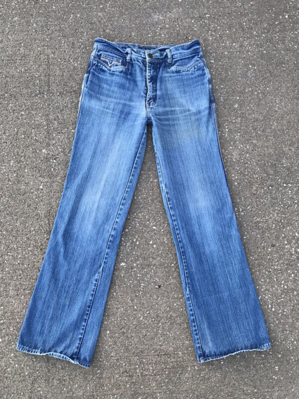 Vintage 70s French Star High Rise Flare Leg Hippie Jeans 31x32 Distressed Faded