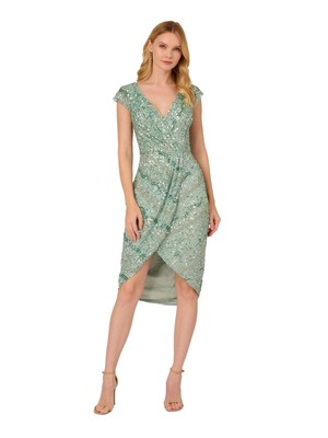 ADRIANNA PAPELL Womens Green Mesh Lined Cap Sleeve Midi Party Faux Wrap Dress 2