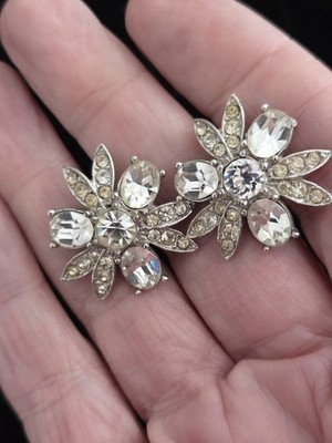 Vintage Signed ALBION Earrings Screw Back Silver Tone  Rhinestone Flowers  1"