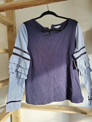 Crown & Ivy Sweatshirt Blue/White Stripped Ruffle Sleeve Navy Top Cotton sz Med