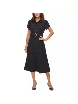 CALVIN KLEIN Womens Black Belted Button Front Sleeve Midi Shirt Dress Plus 16W