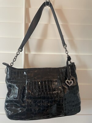 Vintage Brighton Monroe Croc Embossed Black Patent Leather Shoulder Bag Handbag