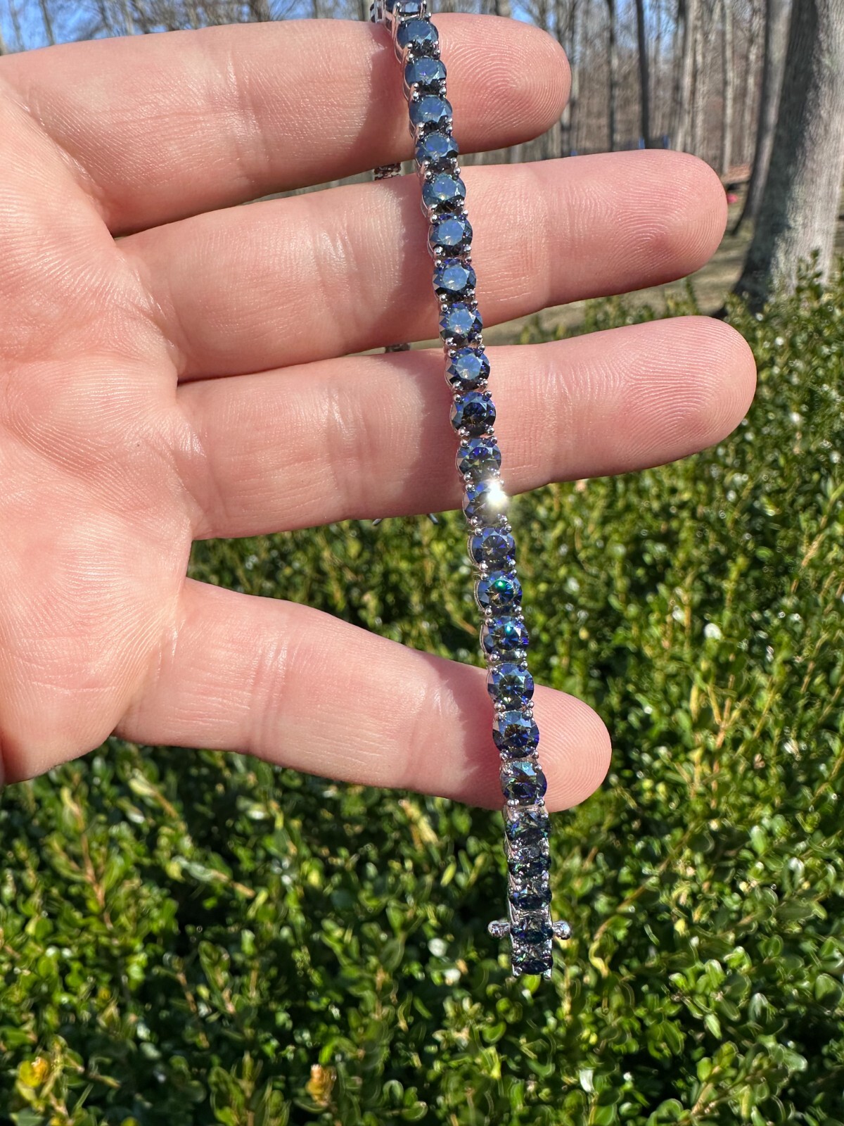 Pre-owned Silver Real Iced Dark Blue Moissanite 5mm Tennis Bracelet 925  Pass Diamond Test