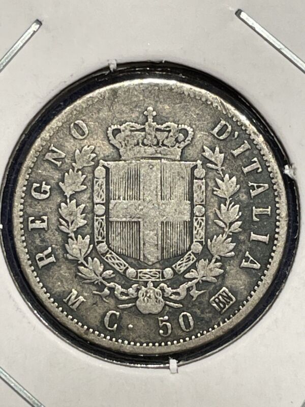 1863 M BN Silver 50 Centesimi Coin from Italy - 1 Year Type