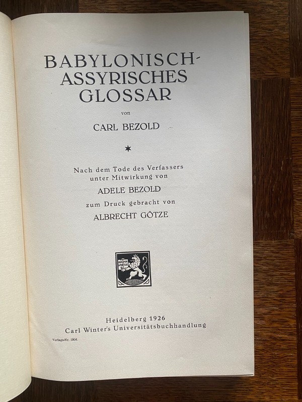 Bezold, Carl Babylonisch-Assyrisches  Glossar Heidelberg 1926, Rare