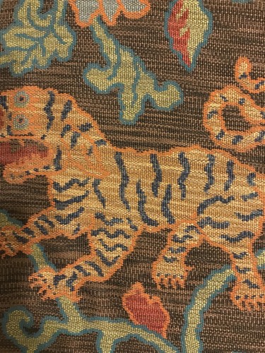 Dragon And Foo Dog Tapestry Upholstery Fabric Orange Brown And Aqua 2 Yds