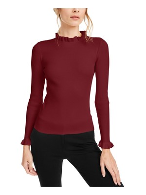 

ANNE KLEIN Женская красная футболка с длинным рукавом и воротником-стойкой с рюшами, Красный