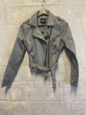 Urban Retro Gray Faux Seude Moto Jacket Zipper and Belt Accents Medium