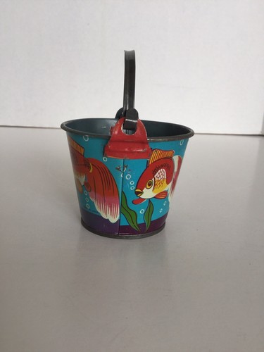 Vintage Mini Tin Litho Sand Pail With Ocean And Fish Theme