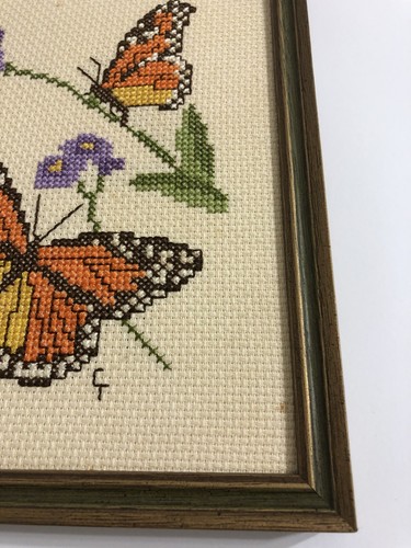 Vintage handmade framed needlepoint petit point of Butterflies Butterfly