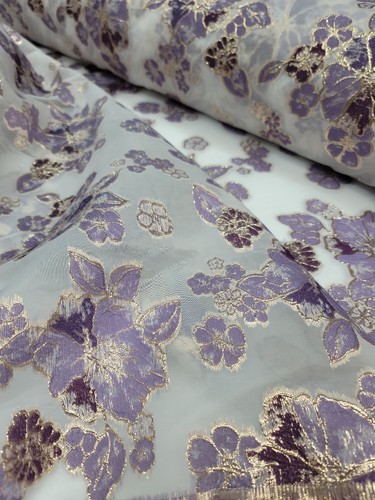 LAVENDER GOLD BROCADE FABRIC SOLD BY THE YARD WHITE ORGANZA FASHION PROM BRIDAL 
