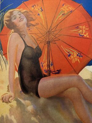 Original C 1930 Pretty Pin Up Art Print Gene Pressler Girl Bathing Beauty 9 X 11